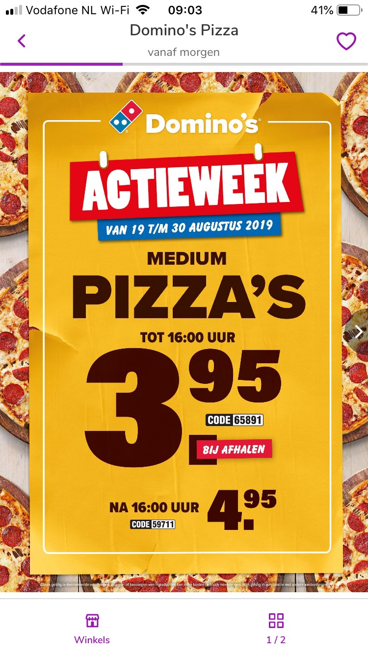 Dominos pizza's bij afhalen € 3,95 / 4,95 Pepper.com
