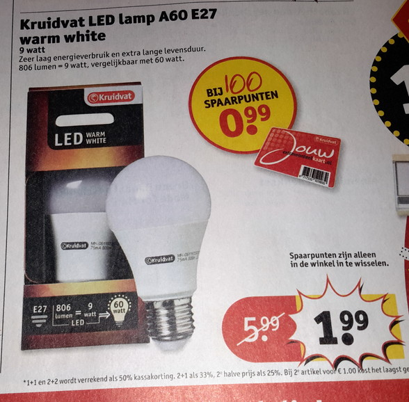 9w led lamp voor 1,99 of 0,99(met punten) Kruidvat