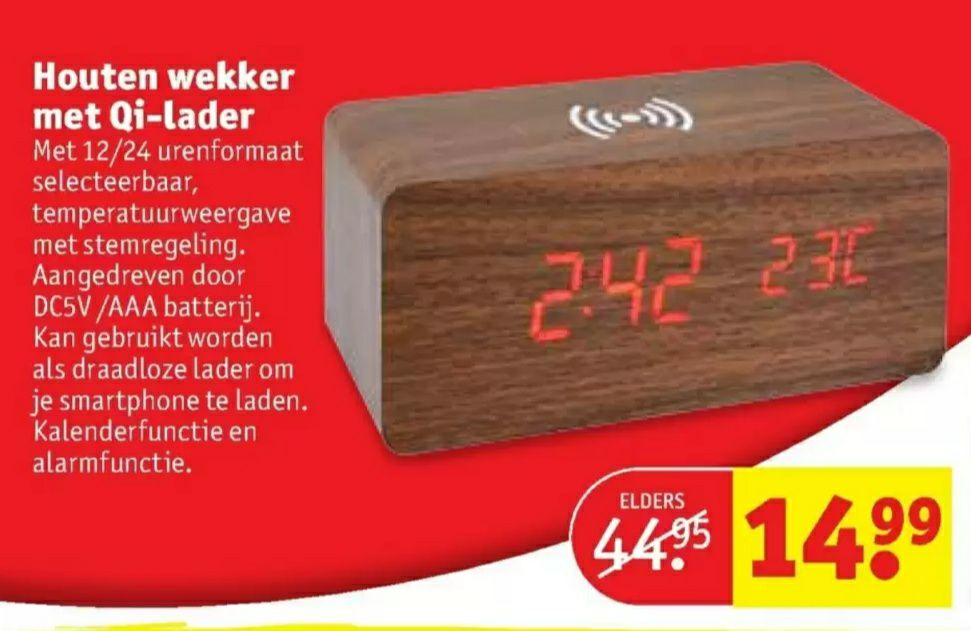 &quot;Houten&quot; wekker met ingebouwde QI lader voor €14.99 Kruidvat