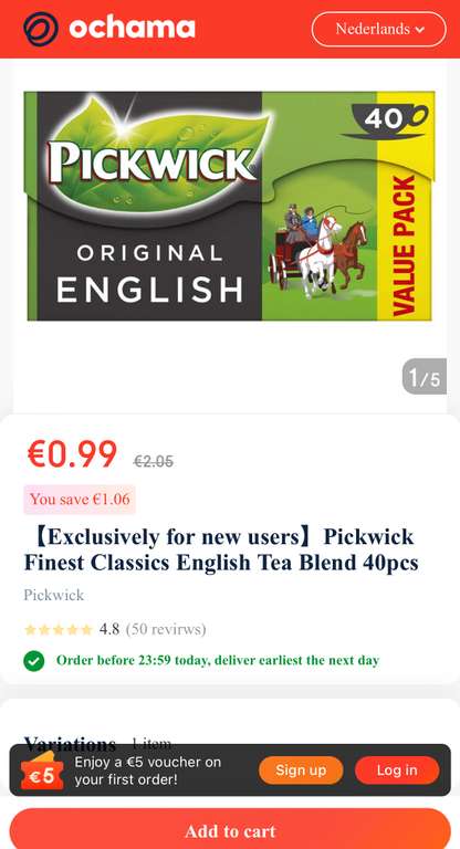 Pickwick thee voor 99 cent - ochama new users only