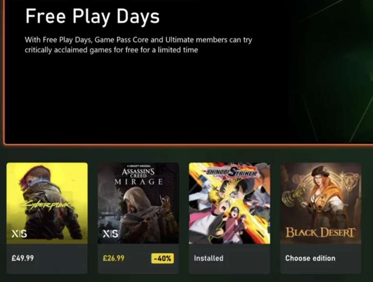 Free Play Days - Assassin's Creed Mirage, Cyberpunk 2077 (alle spelers) / Naruto to Boruto: Shinobi Striker, Black Desert (Core/GPU-leden)