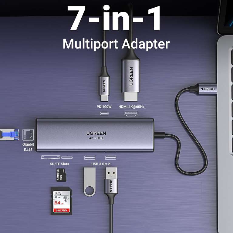 Ugreen 7-in-1 Multiport USB-C Hub (4K@60Hz HDMI, Ethernet, PD 100W, SD/TF, 2x USB 3.0)