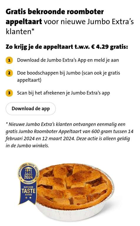 Gratis roomboter appeltaart t.w.v. €4,29 voor nieuwe Jumbo Extra klanten