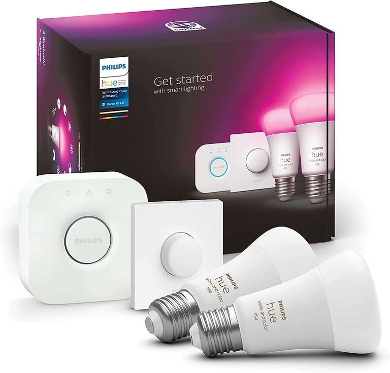 Prime Days - TWEE KEER (75 euro per stuk) Philips Hue starter kit - white and color- 2 lamps - E27 - 1100lm - 1 smart button