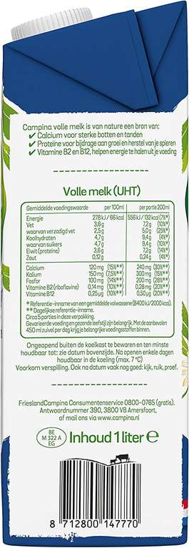 12 X 1 liter houdbare volle melk voor 12 euro