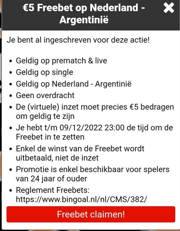 Bingoal gratis weddenschap (€5) Nederland - argentinië