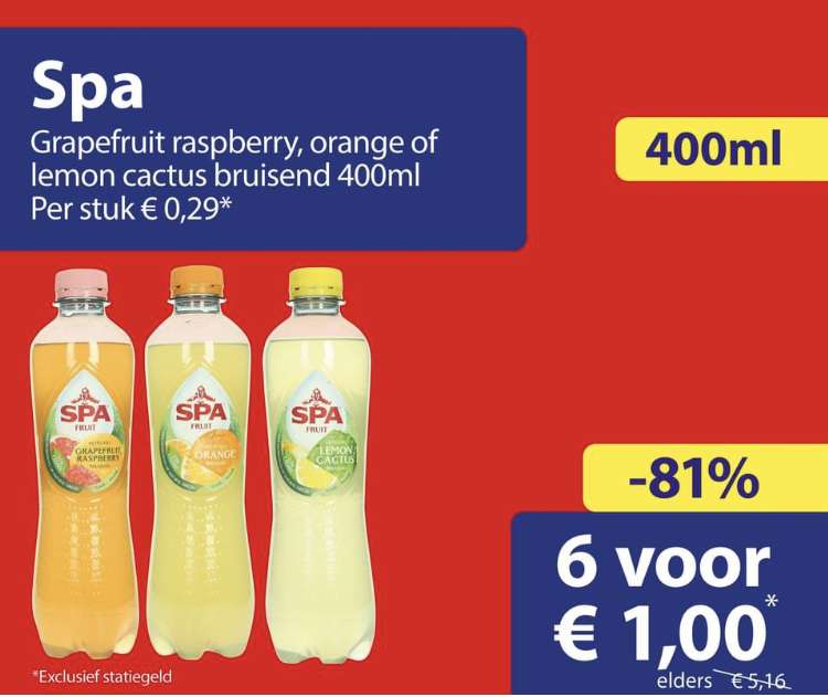 6 * 400ml Spa Fruit voor €1 @ Die Grenze (€0,42 per liter)