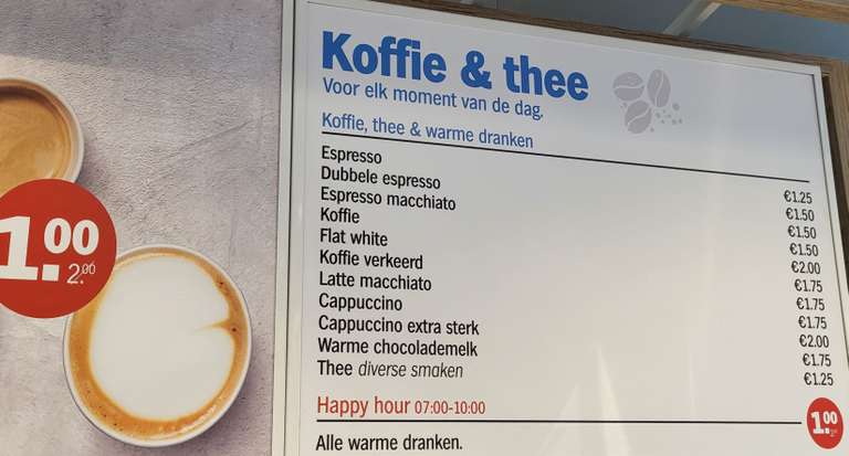 Happy Hour @ Albert Heijn: alle 'coffee to go' voor €1 tussen 0700-10.00. Plus de 6de koffie gratis.