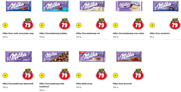 Milka reep 92 - 100 gr. Alle varianten € 0,79 p/st @ Dirk