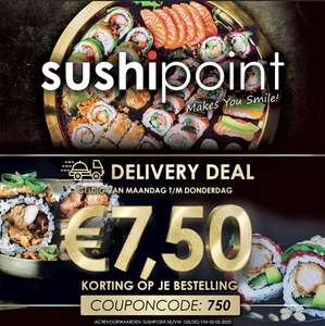 SushiPoint €7,50 bezorgkorting of 25% afhaalkorting
