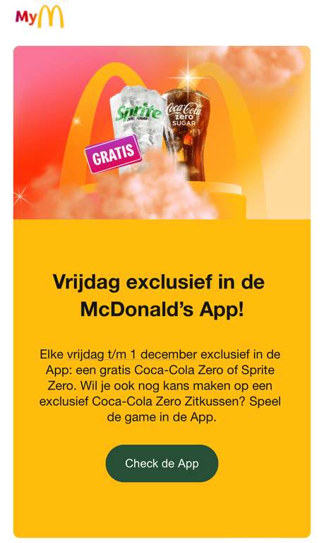 Gratis kleine sprite of cola zero via de McDonalds app[iedere vrijdag t/m 1 Dec]