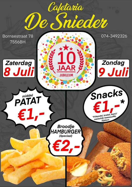 ALLEEN VANDAAG NOG!!! Cafetaria / Snackbar De Snieder bestaat 10 jaar!! PATAT voor €1,- en meer!! In Hengelo!!
