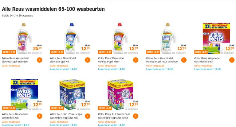 Alle (Witte) Reus wasmiddelen 65 tot 100 wasbeurten (vanaf €0,13/wasbeurt) @ AH