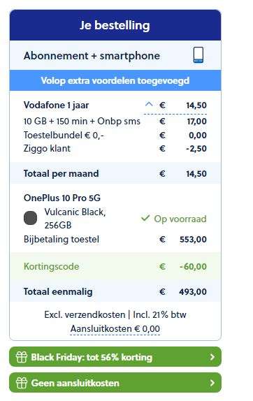 OnePlus 10 Pro 5G 256GB / 12GB ram [Ziggo + ING punten] Prijs is incl. 1 jarig Vodafone abonnement