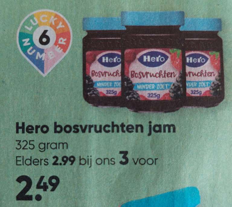 Hero bosvruchten jam minder zoet 3 voor €2,49 (€0,83/stuk) @ big bazar
