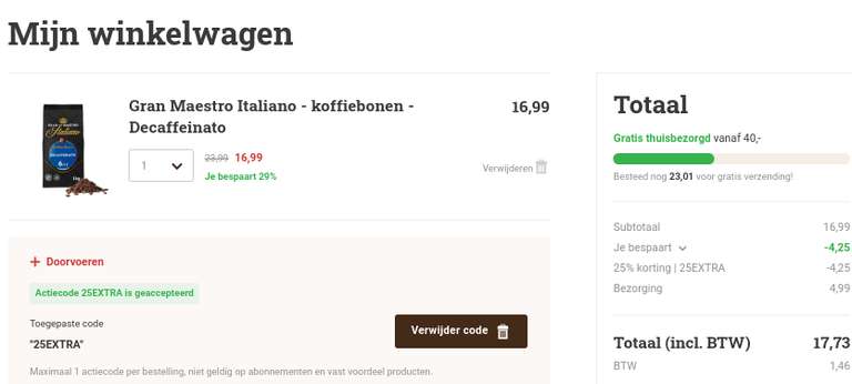 Ontvang met kortingscode 25EXTRA 25% extra korting op diverse koffies @ Koffievoordeel.nl