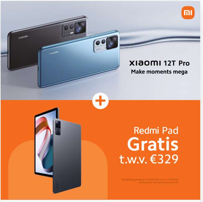 Xiaomi 12T (Pro) met gratis Redmi Pad of True Wireless Earphones 2 Pro of Redmi Buds 4 Pro