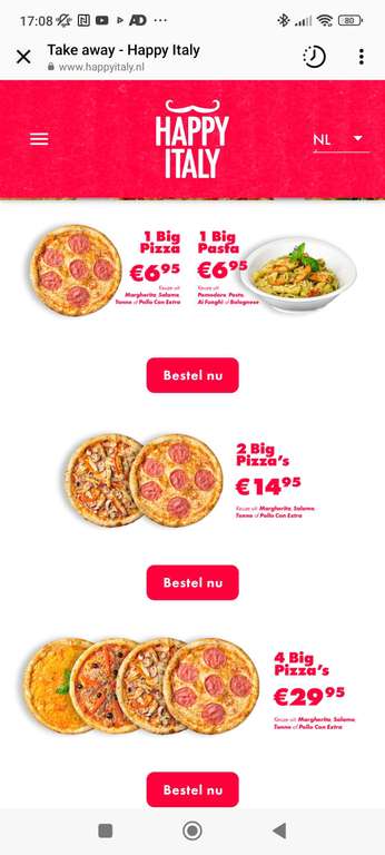 Happy Italy 1 pizza voor €6,95