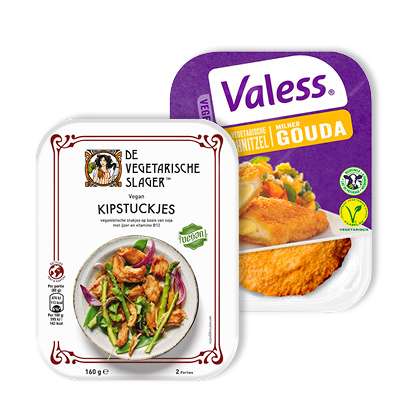 2 verpakkingen van Valess of Vegetarische Slager voor €5, bijvoorbeeld de Vegan Ereburger van de Vegetarisch Slager
