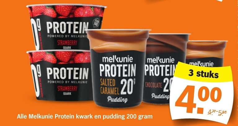 Alle Melkunie Protein kwark en pudding 200 gram 3 stuks €4 @AH