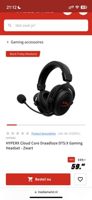HYPERX Cloud Core Draadloze DTS:X Gaming Headset - Zwart