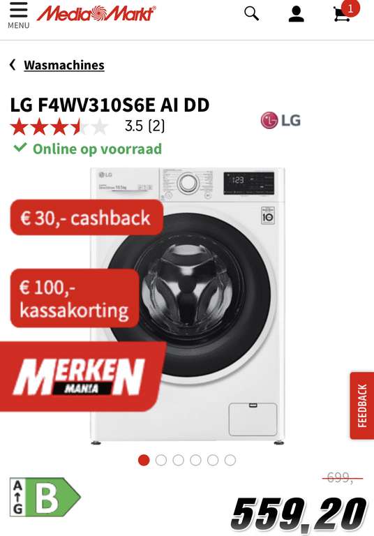 Wasmachine LG F4WV310S6E AI DD nu met 100 euro kassakorting én 30euro cashback