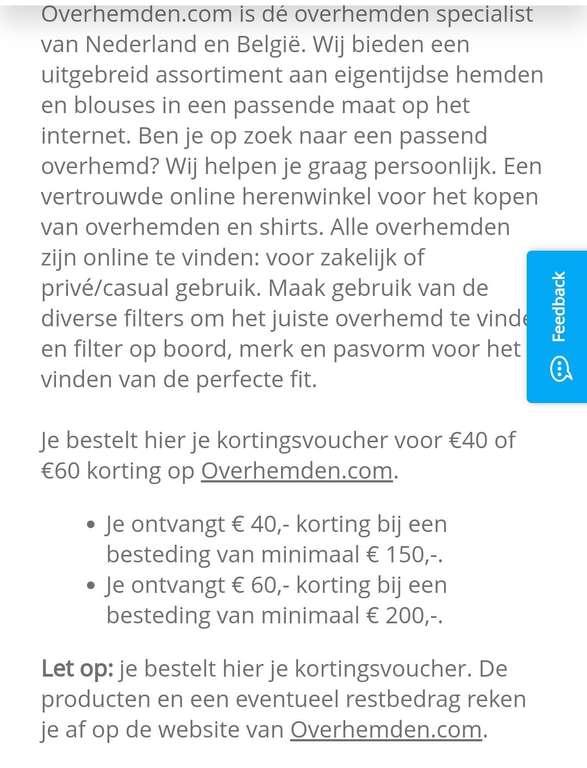 Overhemden.nl 40,- korting bij minimale besteding van 150,- en 60,- korting bij minimale besteding van 200,-