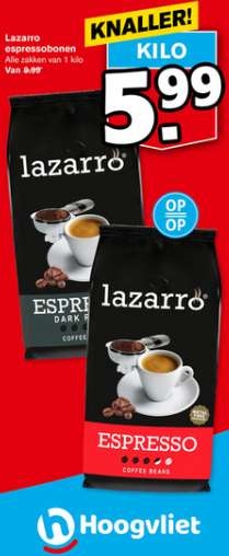 1 kg Lazarro espressobonen €6 @ Hoogvliet