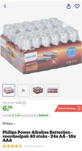 [select deal bol.com] Philips Power Alkaline Batterijen - voordeelpak 40 stuks - 24x AA - 16x AAA €6,59