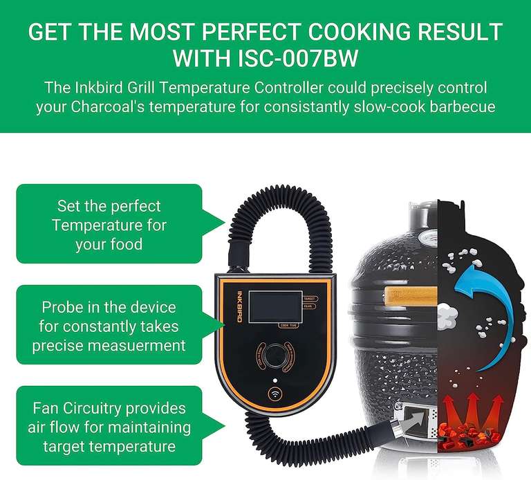 INKBIRD BBQ Temperatuurregelaar ISC-007BW,Automatische BBQ Grill Smoker Thermometer, Kamado Joe, Weber, Primo, Vision Grill, Akorn [PRIME]