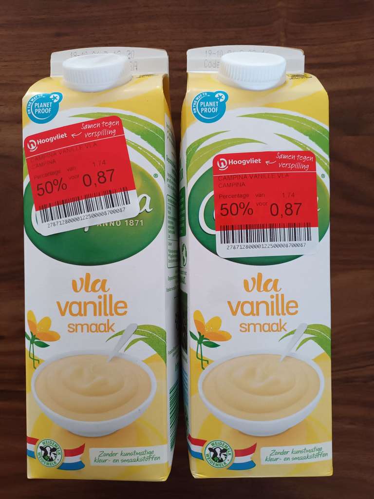 Hoogvliet Campina vanille vla met rode sticker 37,5 cent per liter
