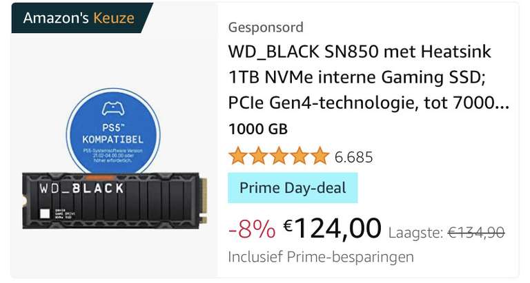 WD Black SN850 1TB SSD met heatsink Prime Day-deal