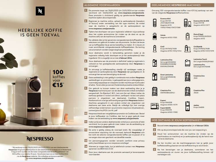 100 capsules voor €5 bij aanschaf van een Nespresso machine