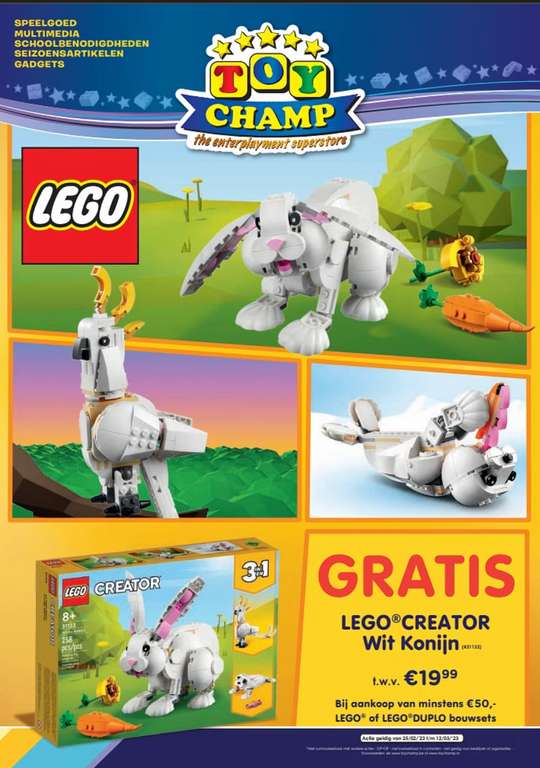 Gratis LEGO Creator Wit Konijn t.w.v. €19,99 bij aankoop van minstens €50,- uit het LEGO of LEGO DUPLO bouwsets