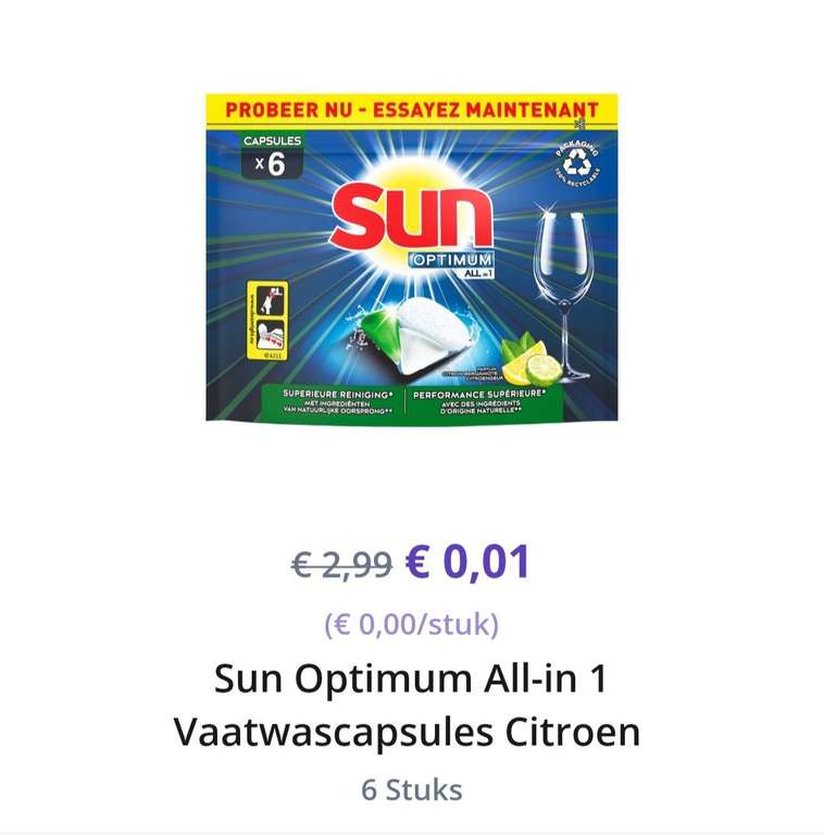 €0,01 Sun Optimum All-in 1 Citroen Vaatwascapsules @ Getir