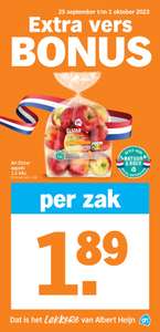 AH Extra Vers Bonus --> Appels €1,26/kg; 4 peren €1,69; 3 prei €1; Spruitjes €1/pond