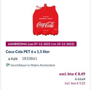 Coca Cola 6 x1,5 liter bij de Makro €9,25