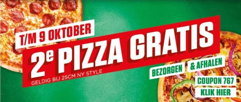 [LOKAAL?] 2e pizza (25 cm NY style) gratis bij bezorgen en afhalen t/m 9 oktober