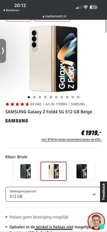 Samsung Galaxy Z Fold4 512gb voor €1026,- bij mobiel.nl (bij mediamarkt €1919,-)