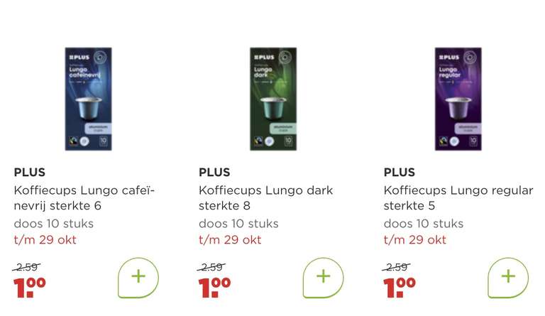 Plus Koffiecups (Nespresso variant) voor 1 EU per pak (10 st.)