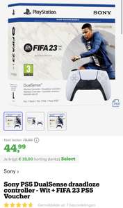 [select deal bol.com] Sony PS5 DualSense draadloze controller - Wit + FIFA 23 PS5 Voucher €44,99