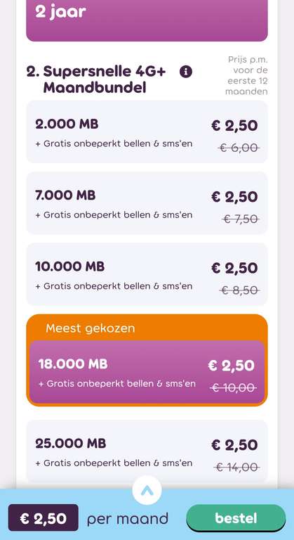 50+ Mobiel Sim Only 18.000MB + onbeperkt bellen €2,5 1e jaar €10 2e jaar