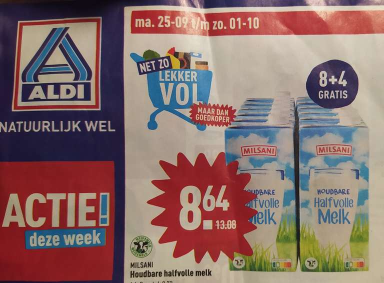 Aldi: Houdbare halfvolle melk 8+ 4 gratis