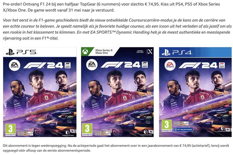 F1 2024 game (PS5 / PS4 / Xbox) + halfjaar TopGear voor €74,95 @ TopGear