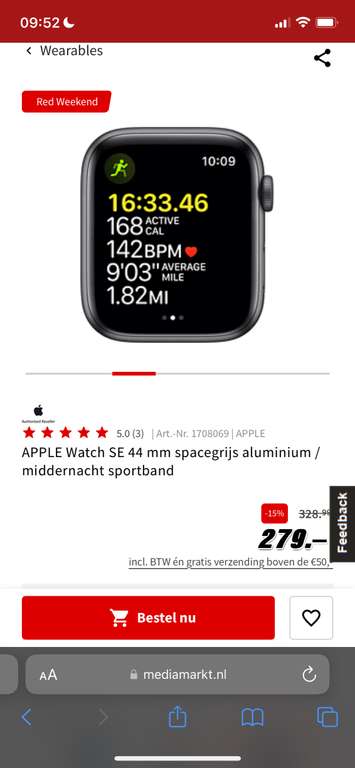 Apple Watch zwart SE 2022 44mm voor €279