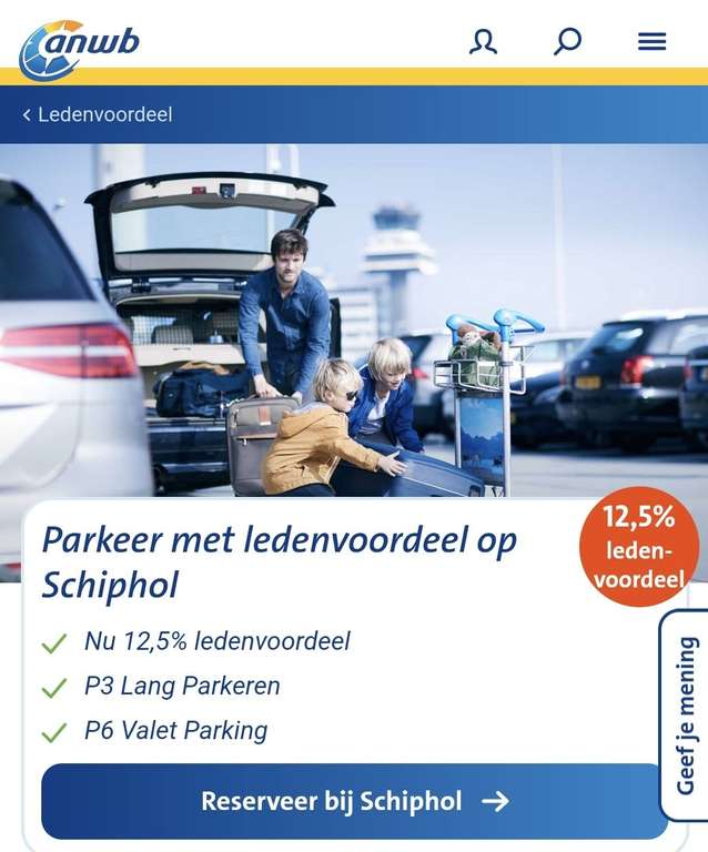 12,5% ANWB ledenvoordeel P3 en P6 parkeren Schiphol