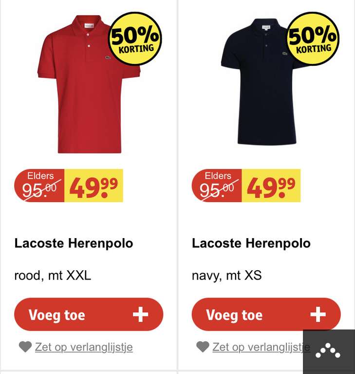 [kruidvat] lacoste t-shirt €12,50 2 soorten rood xxl en navy xs