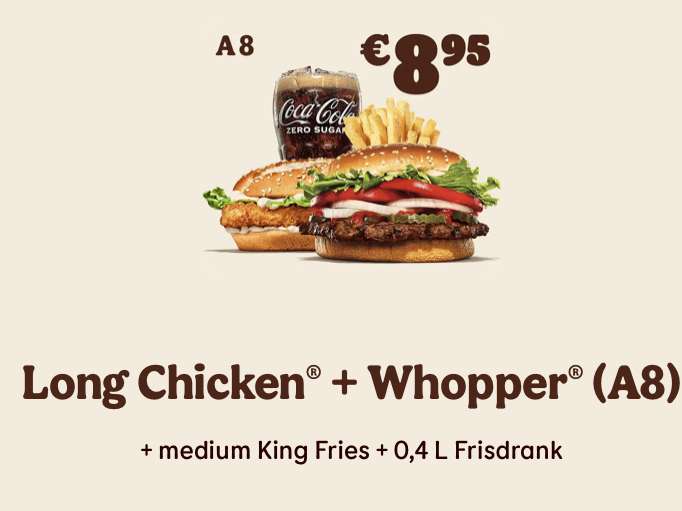 [A8] Long Chicken + Whopper + Medium Frietjes + 0.4L Frisdrank