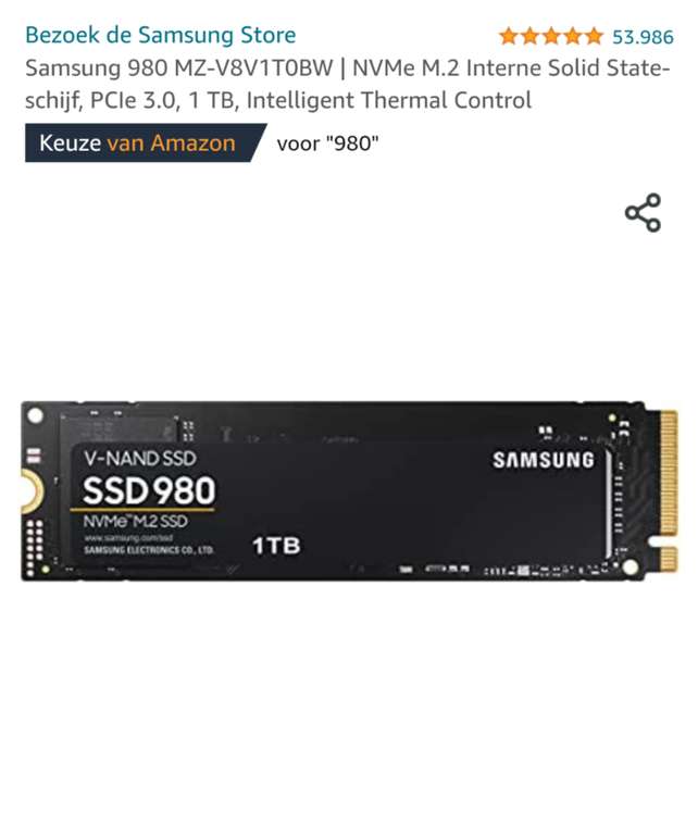 Samsung 980 SSD | NVMe M.2 Interne Solid State-schijf, PCIe 3.0, 1 TB, Intelligent Thermal Control
