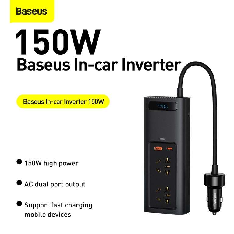 Baseus 150W auto-omvormer met LED digitaal display (30W USB-A & 30W USB-C, PD, QC3.0) voor €35 @ Banggood